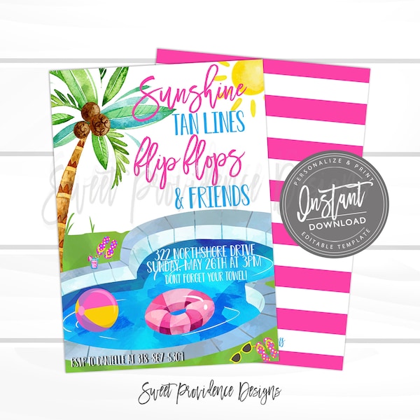 Pool Party Invitation, Tween Birthday Bash Invite, Adult Summer Party Supplies, Printable Editable template - INSTANT ACCESS - Edit NOW!