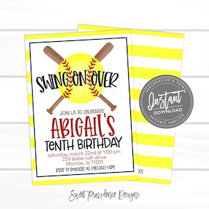 May include: A yellow and white striped background with a baseball-themed birthday invitation. The invitation says "Swing on Over" with a baseball and bats crossed. The text says "Join us to celebrate Abigail's Tenth Birthday" with the date, time, and location of the party. The invitation also includes an RSVP number.