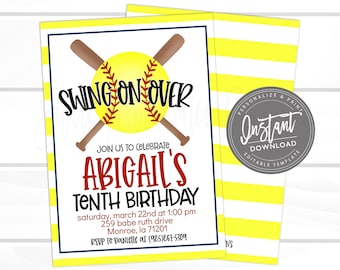 Softball Birthday Invitation, Pool Party, Editable Softball team party, Girl Sports Birthday Invite, Printable Instant Access EDIT NOW