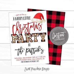 May include: A Christmas party invitation with a red Santa hat graphic. The invitation text reads "A Merry Little Christmas Party at the Patrick's". The background features a red and black buffalo plaid pattern. Includes "Instant Download" text.