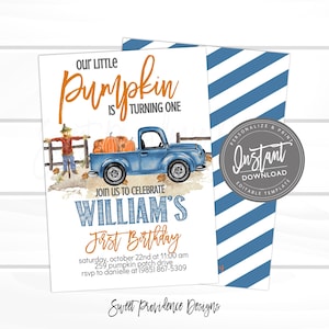 Our Little Pumpkin Birthday Invitation, Fall Boy First little blue truck birthday invite, Editable birthday template Instant Access Edit Now