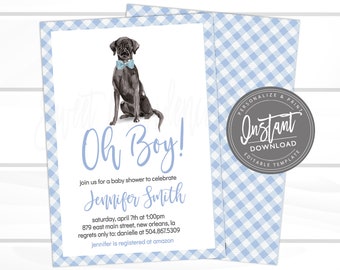 Dog Baby Shower Invitation, Oh Boy Invitation, Blue Boy Gingham Dog Invitation, Black Lab, Puppy Dog, Editable invite, Instant Access