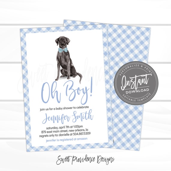 Dog Baby Shower Invitation, Oh Boy Invitation, Blue Boy Gingham Dog Invitation, Black Lab, Puppy Dog, Editable invite, Instant Access Il_570xn