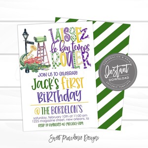 Mardi Gras First Birthday Invitation, Any birthday age, Editable template, Laissez le bon temps Rouler, Fat Tuesday Carnival, Instant Access