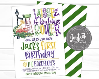 Mardi Gras First Birthday Invitation, Any birthday age, Editable template, Laissez le bon temps Rouler, Fat Tuesday Carnival, Instant Access