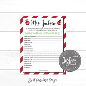 May include: A printable holiday questionnaire with a red and white striped border and Christmas ornament graphics. The form includes prompts for favorite things and is titled "Mrs. Jackson."