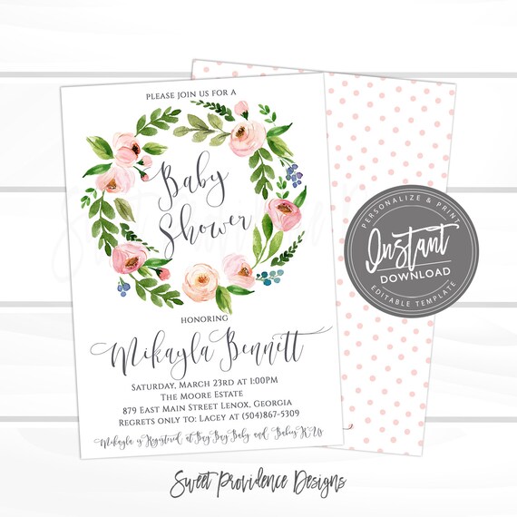 Baby Girl Shower Invitation, Pink Floral Watercolor Wreath Baby Shower, Watercolor Floral Invite, Instant Access, EDITABLE, Il_570xn