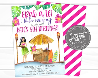 Luau Invitation, Luau Birthday Pool Party Invite, Hawaiian Luau Party Supplies, Printable Editable template - INSTANT ACCESS - Edit NOW!