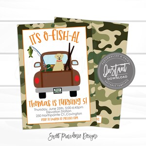 Pu&ograve; includere: Uno sfondo a mimetico verde, marrone e bianco con un camion marrone con un cane giallo, due anatre e due fucili nella parte posteriore. Il camion ha una targa che dice "Gone Huntin". Il testo "It's O-Fish-Al" &egrave; in lettere arancioni su sfondo bianco. Il testo "Thomas is turning 5!" &egrave; in lettere arancioni su sfondo bianco. Il testo "Thursday, June 25th, 5:00-6:45pm" &egrave; in lettere nere su sfondo bianco. Il testo "Elevation Station" &egrave; in lettere nere su sfondo bianco. Il testo "250 Northpointe Ct., Covington" &egrave; in lettere nere su sfondo bianco. Il testo "RSVP to Lauren at (985)867-5309" &egrave; in lettere nere su sfondo bianco. Il testo "Sweet Providence Designs" &egrave; in lettere nere su sfondo bianco.