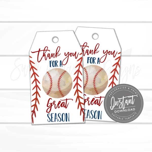 Baseball Printable Gift Tag, Thanks for a Great Season Favor Tag, End of Year, All Star, summer Tag Printable, Instant Access - Edit Now