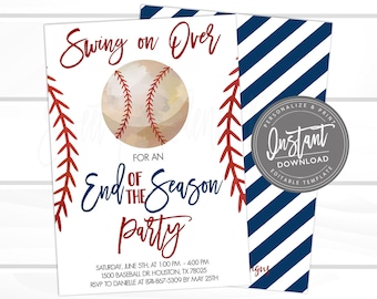 Baseball Invitation, Swing on Over, End of Season Party, Editable baseball team party, Sports Invitation, Printable Instant Access EDIT NOW