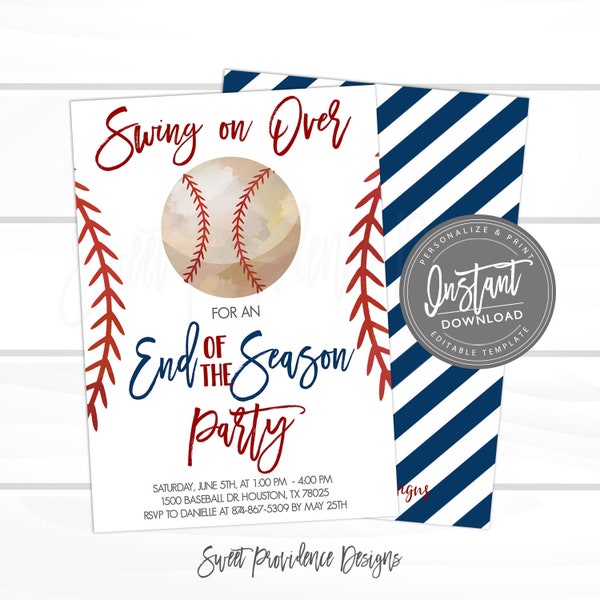 Baseball Invitation, Swing on Over, End of Season Party, Editable baseball team party, Sports Invitation, Printable Instant Access EDIT NOW