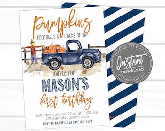 Fall Birthday Invitation, Pumpkin, Navy Orange Truck, Football, Pumpkin Patch, Boy Invite, Editable Template, Instant Download