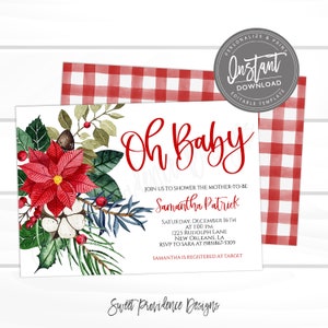May include: Baby shower invitation with red text "Oh Baby" and floral accents. The invitation includes details for Samantha Patrick's shower, with a red and white gingham pattern on the back.