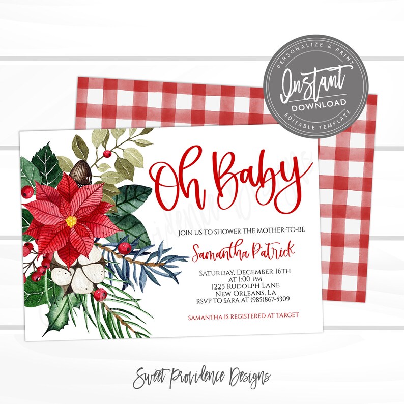 May include: Baby shower invitation with red text "Oh Baby" and floral accents. The invitation includes details for Samantha Patrick's shower, with a red and white gingham pattern on the back.