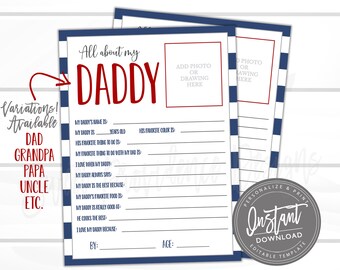 Fathers day questionnaire, Survey questions for kids, EDITABLE All about Daddy, Fathers Day Survey, Father's Day Gift, Father's Day Present