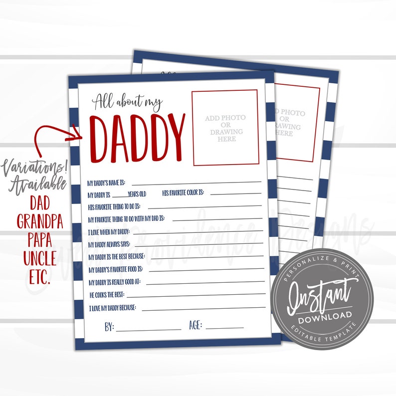 Puede incluir: Un cuestionario imprimible "Todo sobre mi pap&aacute;" con un fondo a rayas rojo y azul. El cuestionario incluye indicaciones para que un ni&ntilde;o complete informaci&oacute;n sobre su padre, como su nombre, edad, color favorito y cosas favoritas que hacer juntos. El imprimible tambi&eacute;n incluye un espacio para una foto o un dibujo del padre.