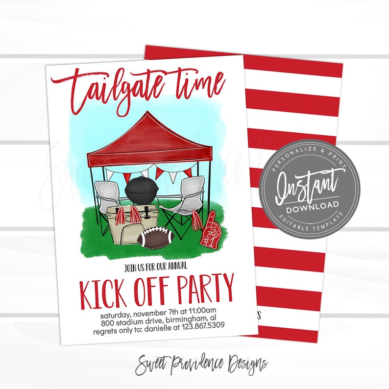 May include: A red and white striped background with a white card featuring a cartoon illustration of a tailgate party. The card says "Tailgate Time" and "Join us for our annual Kick Off Party". The text also includes the date, time, location, and contact information for the event.