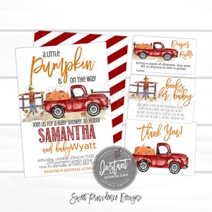 May include: A set of baby shower invitations and inserts with a fall theme. The main invitation features a red truck carrying pumpkins, a scarecrow, and the text "A Little Pumpkin is on the Way." Additional cards include a diaper raffle and a request for books.