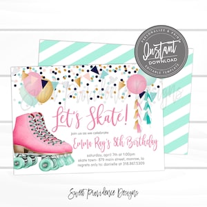 May include: A pink and white roller skate with turquoise wheels. The background is a confetti pattern with gold, pink, blue, and white colors. The text "Let's Skate!" is in pink and the text "Emma Ray's 8th Birthday" is in black. The text "Saturday, April 7th at 1:00pm" is in black. The text "Skate Town - 879 Main Street, Monroe, LA" is in black. The text "Regrets only to: Danielle at 318.867.5309" is in black. The text "Sweet Providence Designs" is in black.