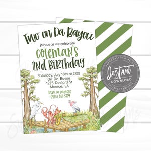 May include: Invitation card with the text "Two on Da Bayou" and "Coleman's 2nd Birthday". The design features a watercolor illustration of a bayou scene with a wooden dock, alligator, and other wildlife. Includes RSVP information.
