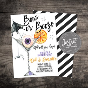 May include: Halloween party invitation with a martini glass design. The invitation features the text "Boos or Booze" and "watch will you choose?" with event details. The back of the invitation has black and white diagonal stripes.