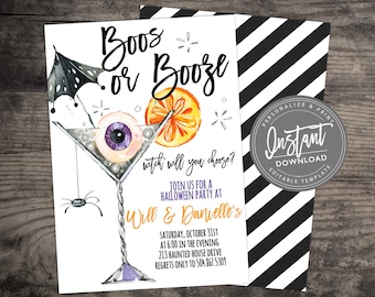 May include: Halloween party invitation with a martini glass design. The invitation features the text "Boos or Booze" and "watch will you choose?" with event details. The back of the invitation has black and white diagonal stripes.