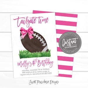 Tailgate Birthday Invitation, Editable Pink Girl Football Bow Birthday template, Football tailgate time Invite, Instant Access,