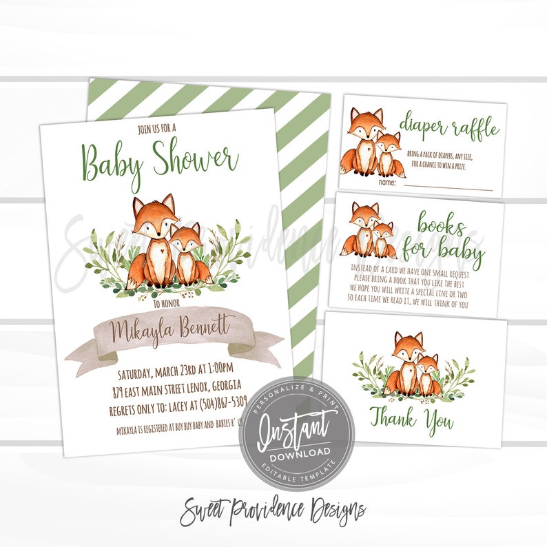 Woodland Fox Greenery Baby Shower Invitation Kit Baby Shower Invitation Botanical Fox Invitation Suite Editable Instant Access - 