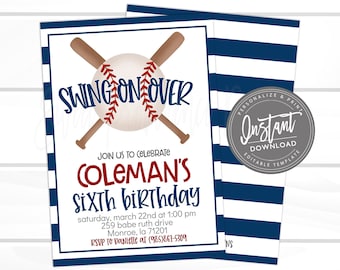 Baseball Birthday Invitation, Swing on Over, Editable baseball team party, Boy Sports Birthday digital Invitation, Printable Instant Access