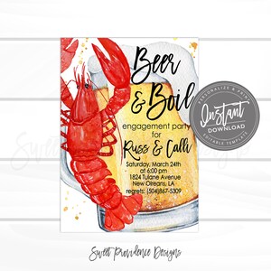 Puede incluir: Una ilustraci&oacute;n de acuarela de una jarra de cerveza con un cangrejo de r&iacute;o en el lateral. El texto dice "Beer & Boil engagement party for Russ & Calli. Saturday, March 24th at 6:00 pm 1824 Tulane Avenue New Orleans, LA regrets: (504)867-5309"