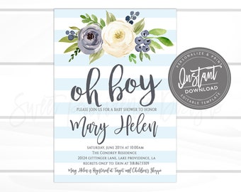 Oh Boy Baby Shower Invitation, Blue Boho Floral Watercolor, Baby Boy Shower invite, Editable baby shower template,  Instant Access