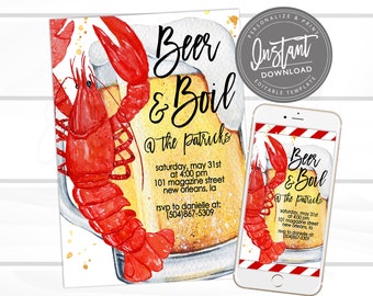 Crawfish Beer and Boil Invitation, Any Occassion Crawfish Boil, Editable Graduation Birthday company Invite, Instant Access