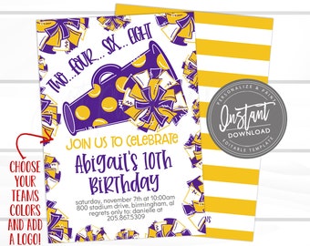 Cheer Birthday Invitation, Editable Cheerleader tailgate game time, PICK YOUR TEAM Color, Girl Sibling Birthday template, Instant Access