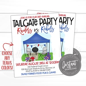 Puede incluir: Una invitaci&oacute;n imprimible para una fiesta de tailgate con el texto "Join us for our 2nd Annual Tailgate Party Raiders vs Rebels" y la fecha "Saturday, August 24th at 12:00PM". La invitaci&oacute;n presenta una ilustraci&oacute;n de dibujos animados de una fiesta de tailgate con una carpa azul, sillas plegables, una nevera, una parrilla y balones de f&uacute;tbol.