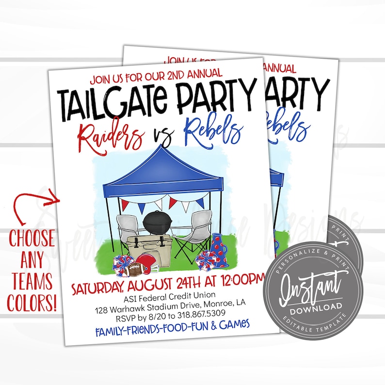 Puede incluir: Una invitaci&oacute;n imprimible para una fiesta de tailgate con el texto "Join us for our 2nd Annual Tailgate Party Raiders vs Rebels" y la fecha "Saturday, August 24th at 12:00PM". La invitaci&oacute;n presenta una ilustraci&oacute;n de dibujos animados de una fiesta de tailgate con una carpa azul, sillas plegables, una nevera, una parrilla y balones de f&uacute;tbol.