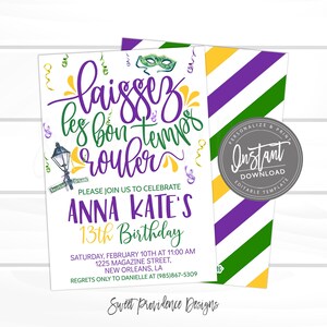 Mardi Gras Invitation, Laissez Les Bon Temps Rouler Birthday, Editable template, Any event, Fat Tuesday, Printable, Instant Access-Edit Now