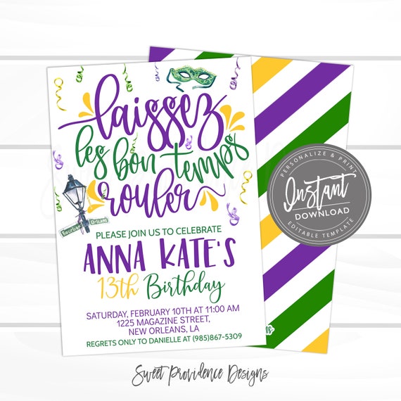 Mardi Gras Invitation, Laissez Les Bon Temps Rouler Birthday, Editable template, Any event, Fat Tuesday, Printable, Instant Access-Edit Now Il_570xn