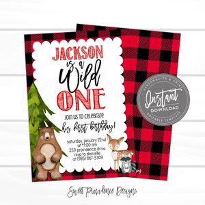 May include: A birthday invitation with a red and black plaid background. The invitation features the text "Jackson is a Wild One" in red and black, with woodland animal illustrations. Includes "Instant Download" and "Editable Template" text.