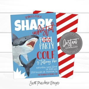 May include: A blue and red pool party invitation with a cartoon shark and the text "Join us for a Shark Infested Pool Party Cole is turning five".