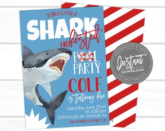 Shark Pool Party Birthday Invitation, Sharktastic Party Invite, Jaws Shark Invite, Great White Party template, Instant Access -Edit NOW