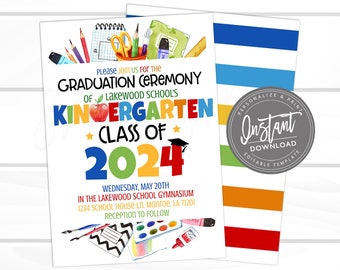 Kindergarten Graduation Party Invitation, Grad Party invite, class of 2024, Editable Announcement Invitation, Decor Printable Instant Access