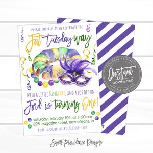 K&ouml;nnte beinhalten: Eine Einladung zum Thema Mardi Gras mit einem Aquarell-K&ouml;nigskuchen, einer lila Maske und festlichen Dekorationen. Der Einladungstext lautet "Ford is turning One!" und enth&auml;lt Veranstaltungsdetails. Der Hintergrund hat ein lila und wei&szlig; gestreiftes Muster.