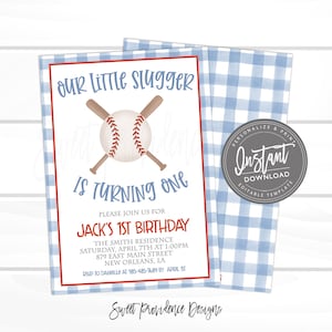 Baseball Birthday Invitation, Little Slugger, Editable baseball party, Boy Gingham Sports Birthday digital Invite, Printable Instant Access