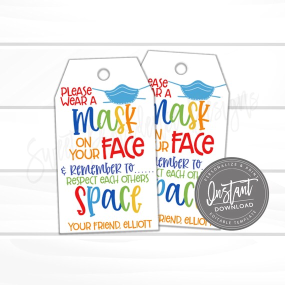 Student Classmate Gift Tag, Wear a mask Respect Others Space tag, Quarantine Favor Tag, School Printable, Instant Access, Edit Yourself NOW Il_570xn