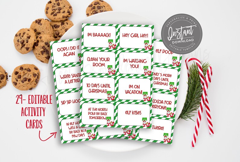 Pu&ograve; includere: Ventinove schede di attivit&agrave; degli elfi di Natale stampabili con bordi a strisce verdi e rosse. Le schede presentano varie frasi a tema elfo come "Sono tornato!" e "Baci di elfo".