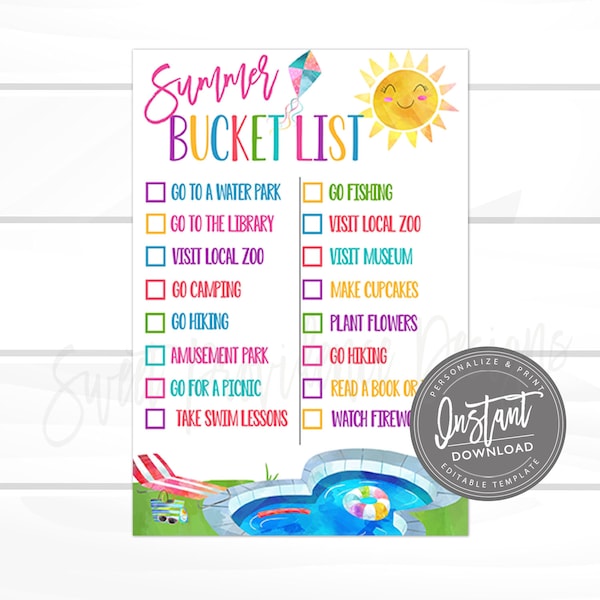 EDITABLE Summer Bucket List, Summer Activity Checklist, Summer to do list, Family Summer Bucket List, Instant Access - EDIT NOW