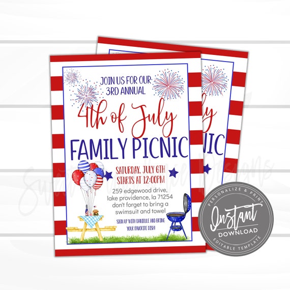 4th of july invitation family picnic flyer editable invite fourth of july fireworks flyer neighborhood church instant access edit now fourth of july invitation