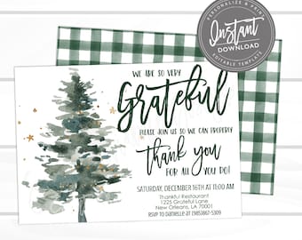 May include: A printable invitation with a watercolor Christmas tree design. The text reads "We are so very grateful, thank you for all you do!" Includes event details and a "Personalize & Print" seal.