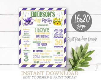 May include: A printable 16x20 inch sign for a first birthday party. The sign is decorated with purple, green, and gold colors and features a Mardi Gras theme. The sign includes the child's name, age, weight, height, and favorite activities. The text "Sweet Providence Designs" is at the bottom of the sign.